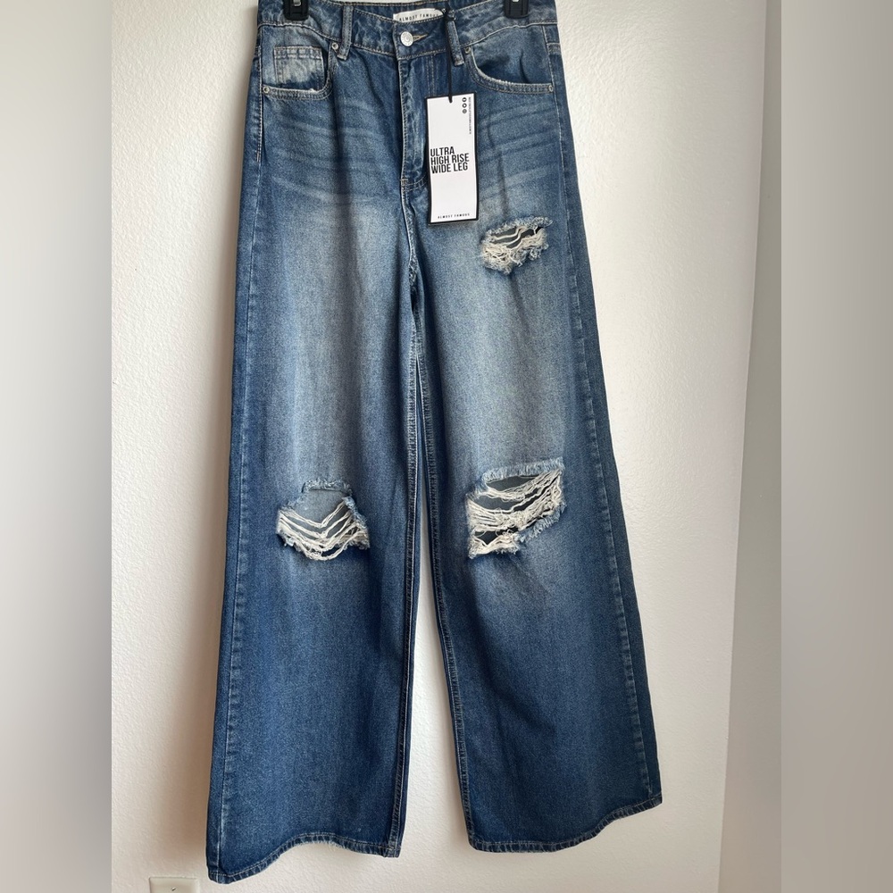 Almost Famous Distressed Ultra High‎ Rise Wide Leg Jeans - Blue NWT